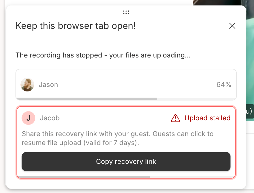 High-quality upload stalled in Rooms