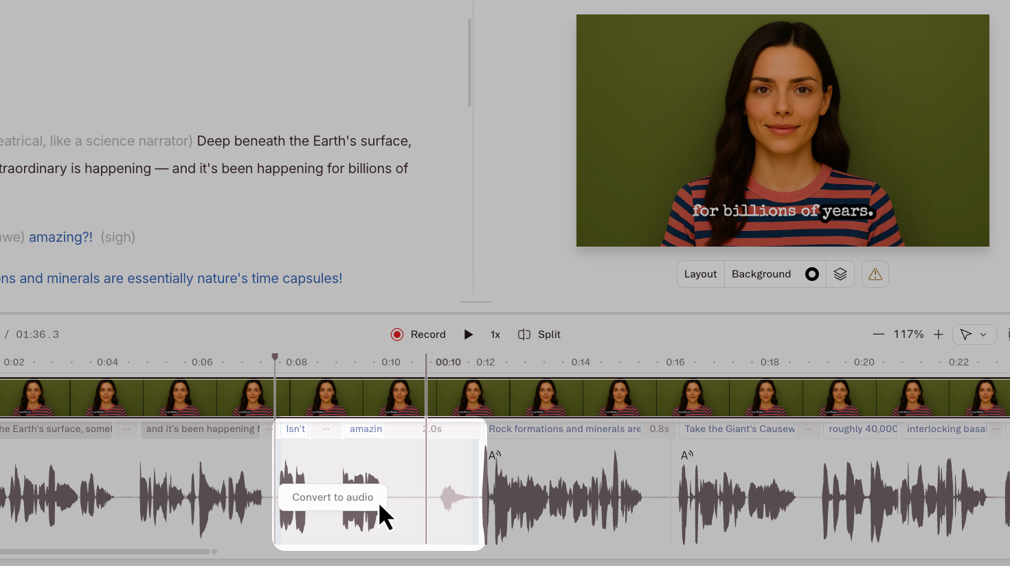Convert to audio option on a clip in the timeline