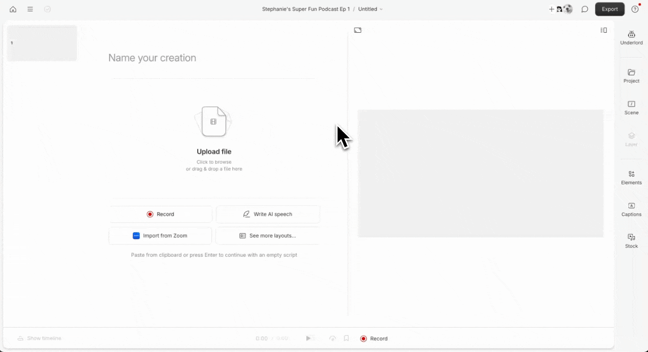 Descript Editor with Record button highlighted