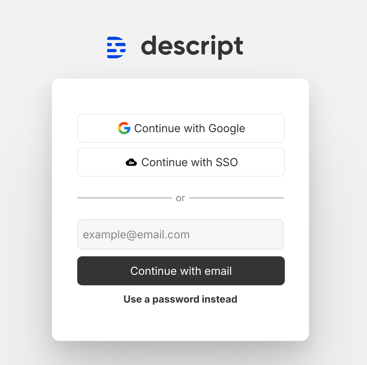 Descript landing page with sign-in and sign-up options