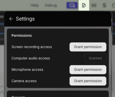 Grant permission buttons for screen recording, computer audio, mic, and camera.