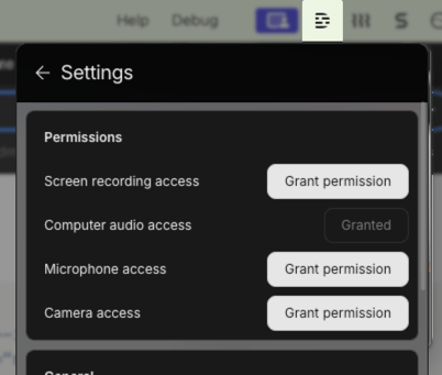 Grant permission buttons for screen recording, computer audio, mic, and camera.