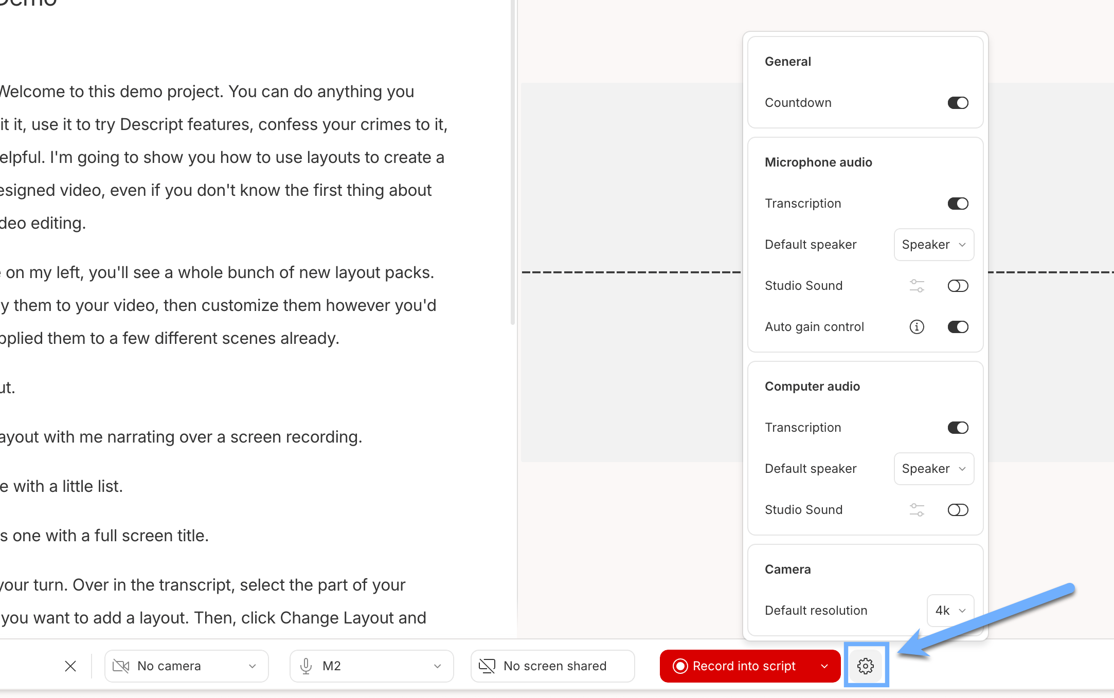 Editor Recorder settings menu
