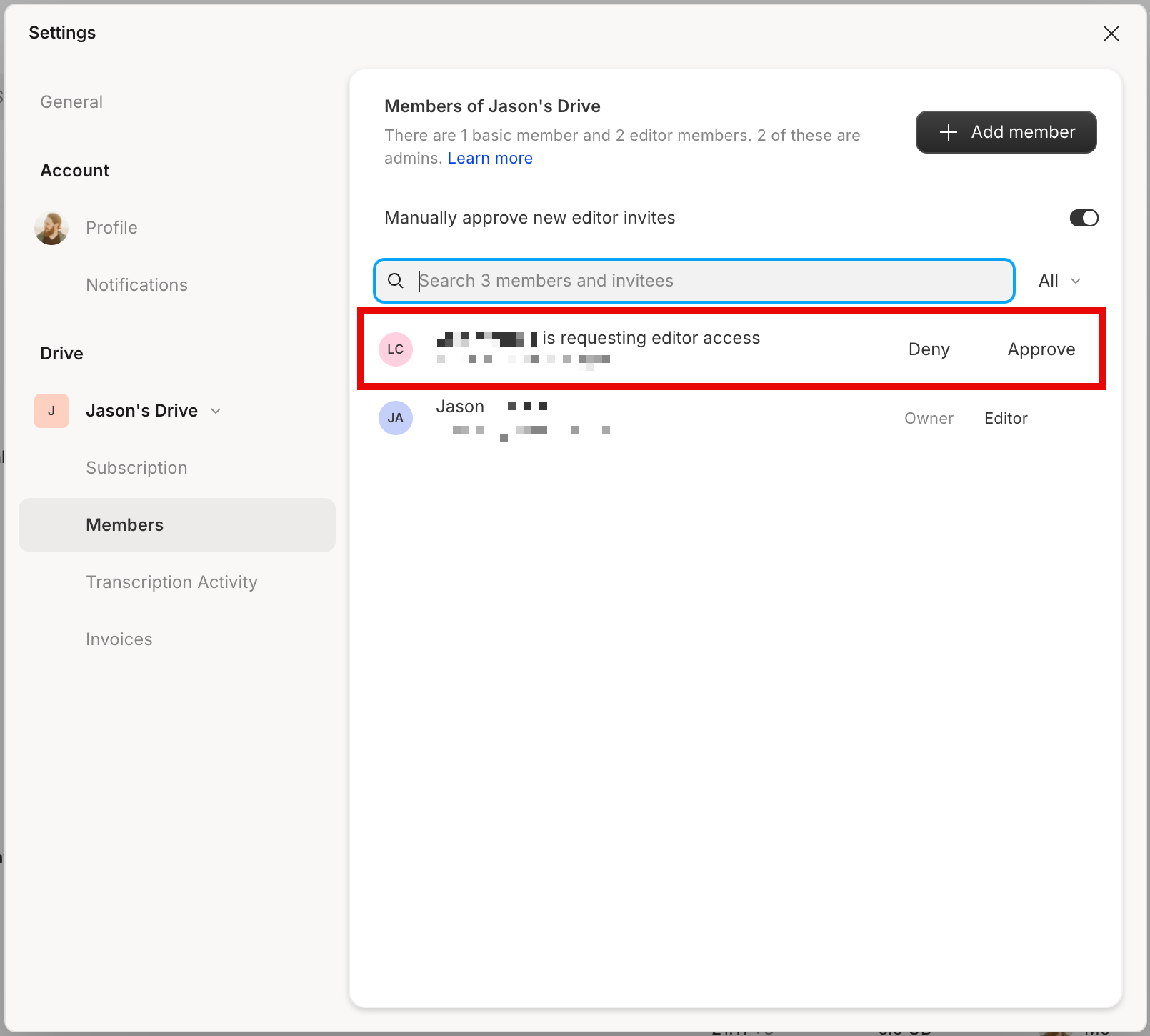 Pending invite listed in Members tab