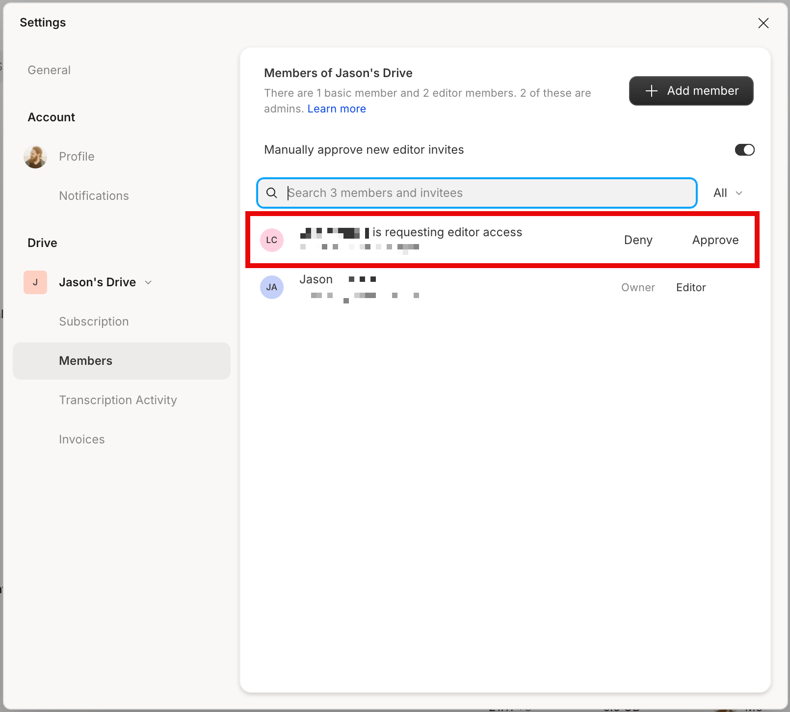 Pending invite listed in Members tab