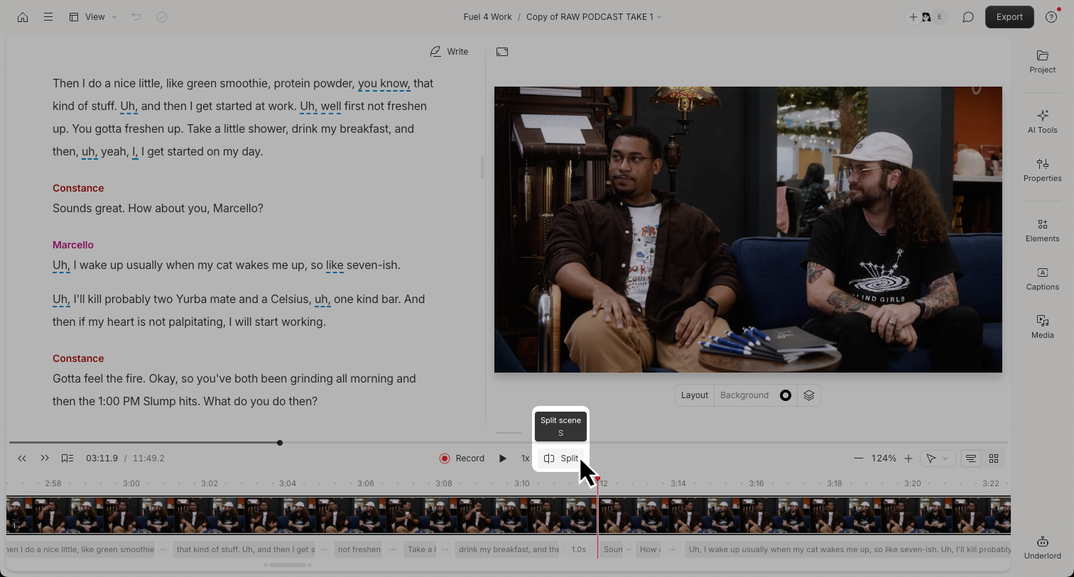 Image of the Split button in the Descript editor, above the timeline
