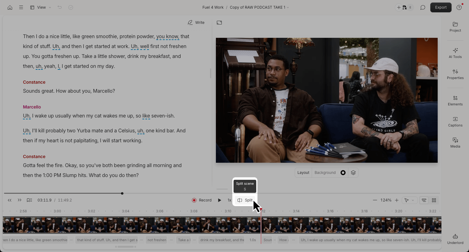 Image of the Split button in the Descript editor, above the timeline