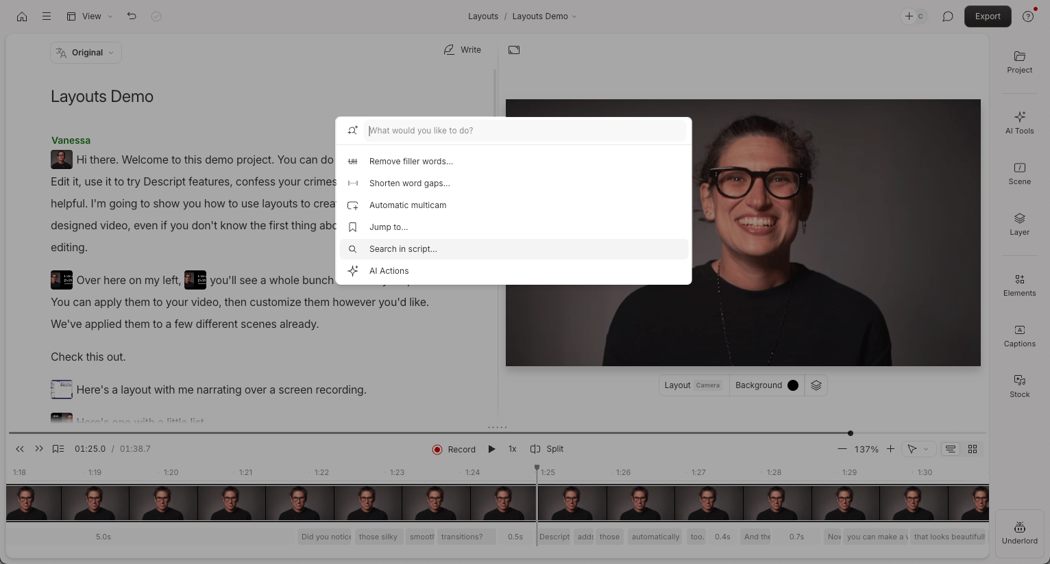 The Search Actions toolbar in Descript's project editor