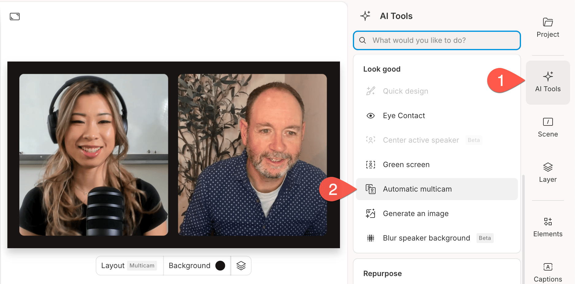 In app UI demonstrating the AI Actions panel with Automatic Multicam selected