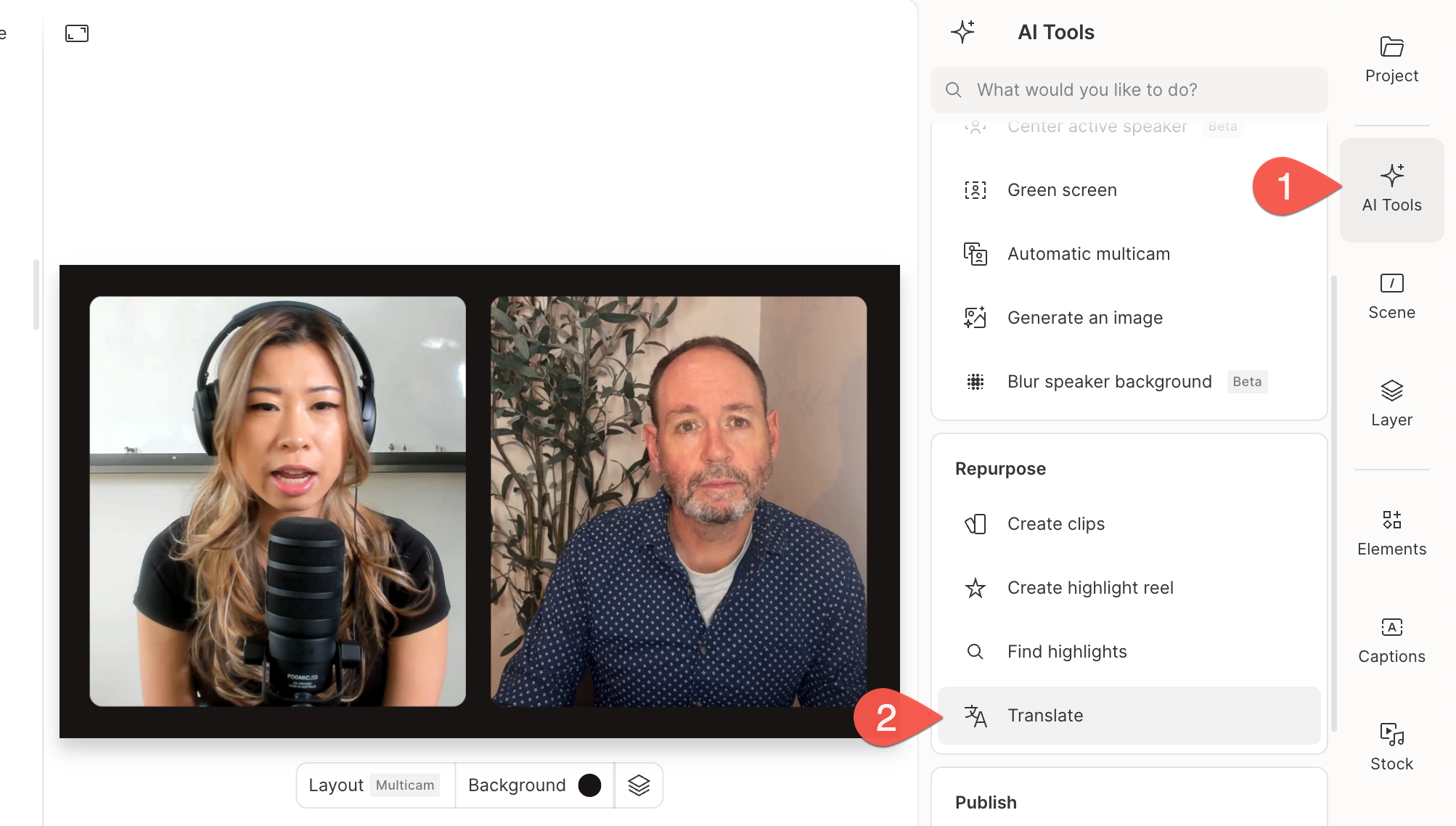 Translate option in Descript's AI Tools panel