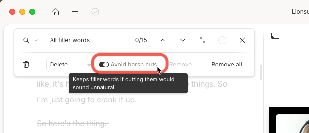 Remove filler words window with Avoid harsh cuts toggle highlighted