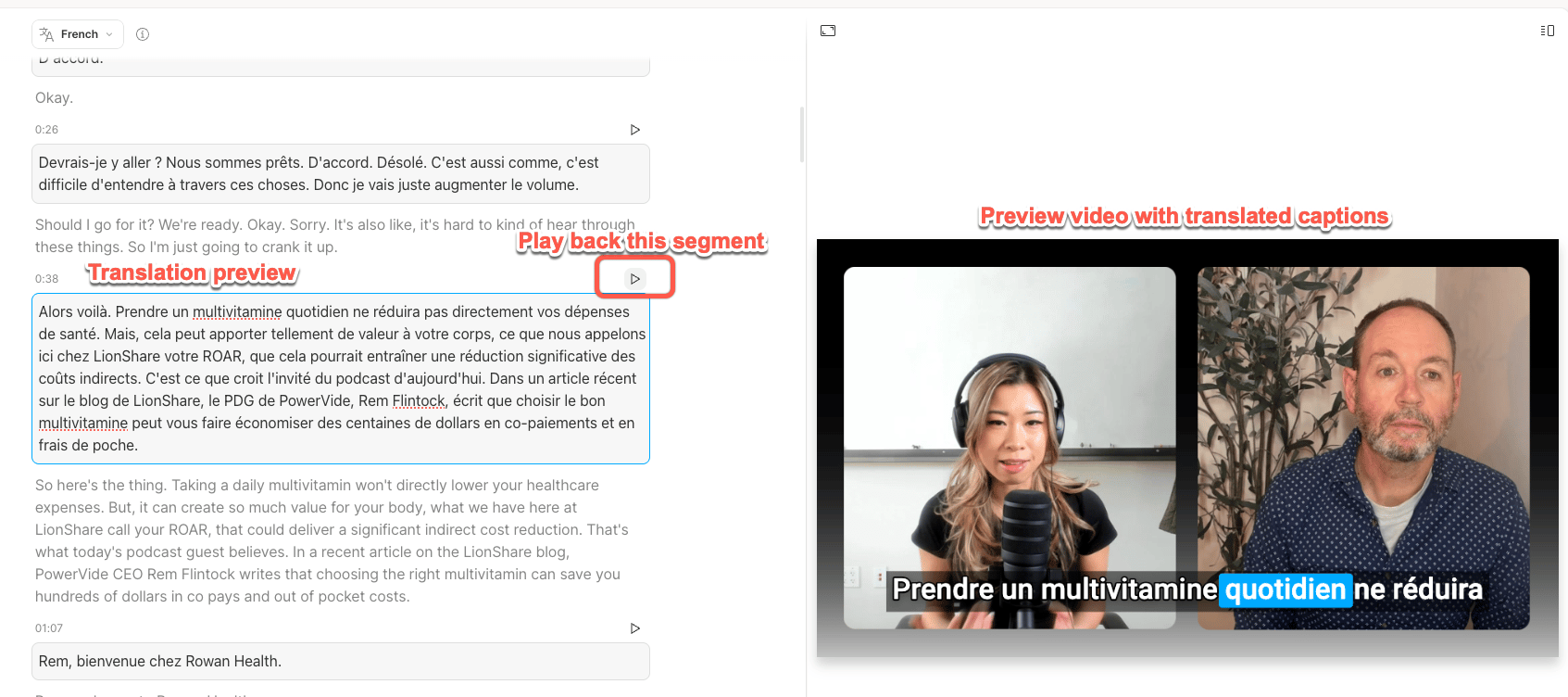 Preview translated captions in Descript composition