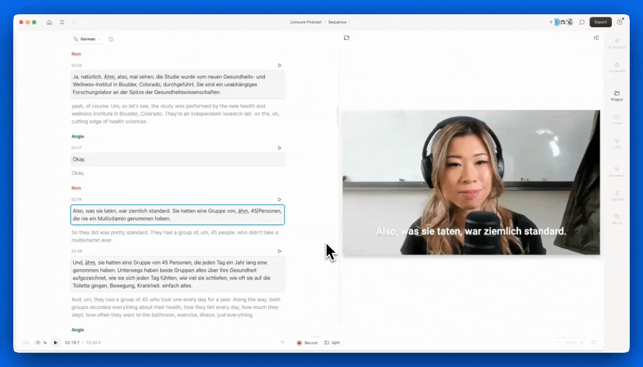 Edit and correct translated captions directly in Descript