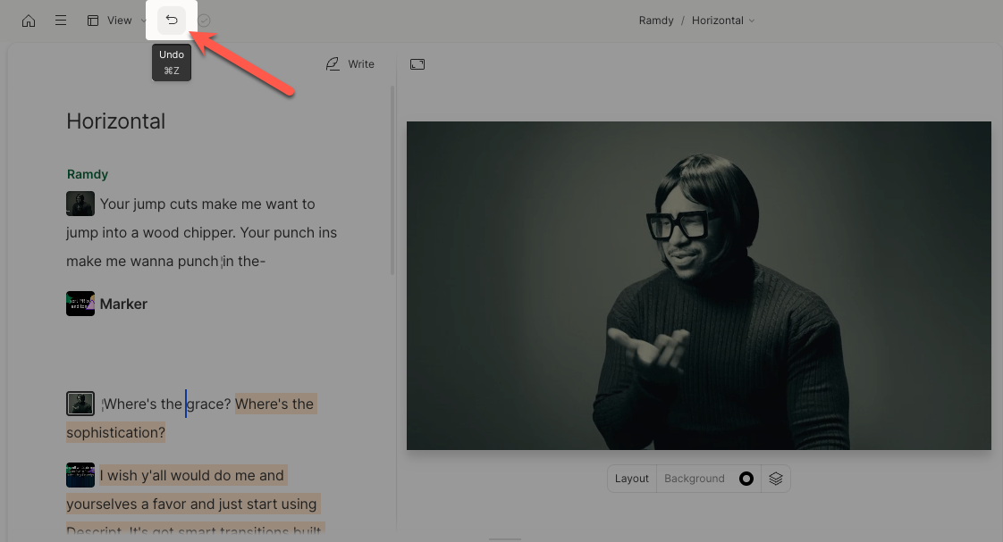 Undo button in Descript