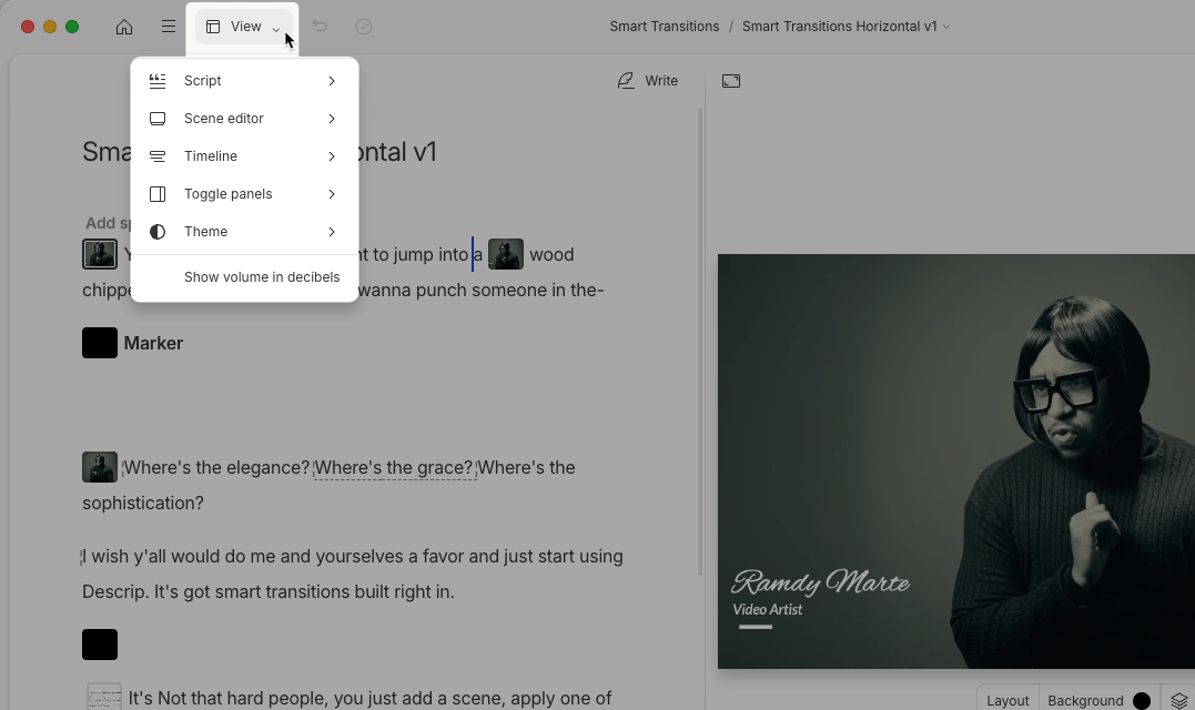 View menu dropdown in the Descript editor