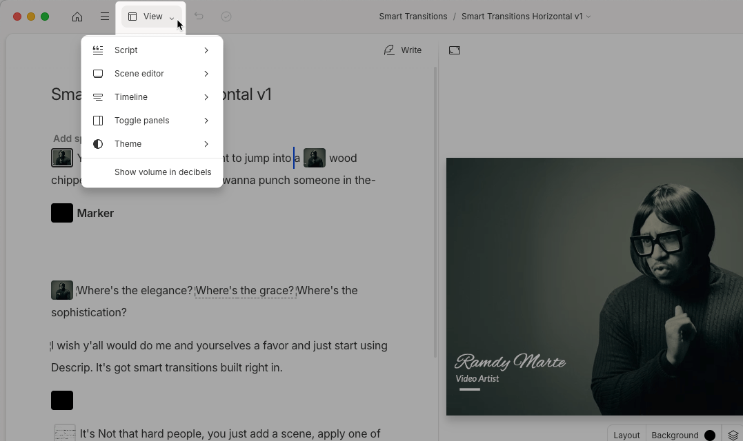 View menu dropdown in the Descript editor