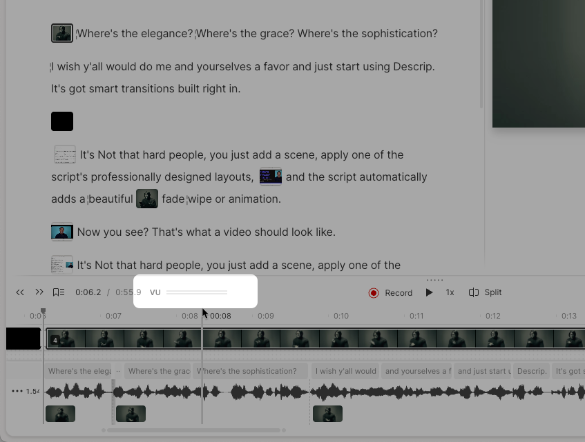 VU meter in the timeline toolbar