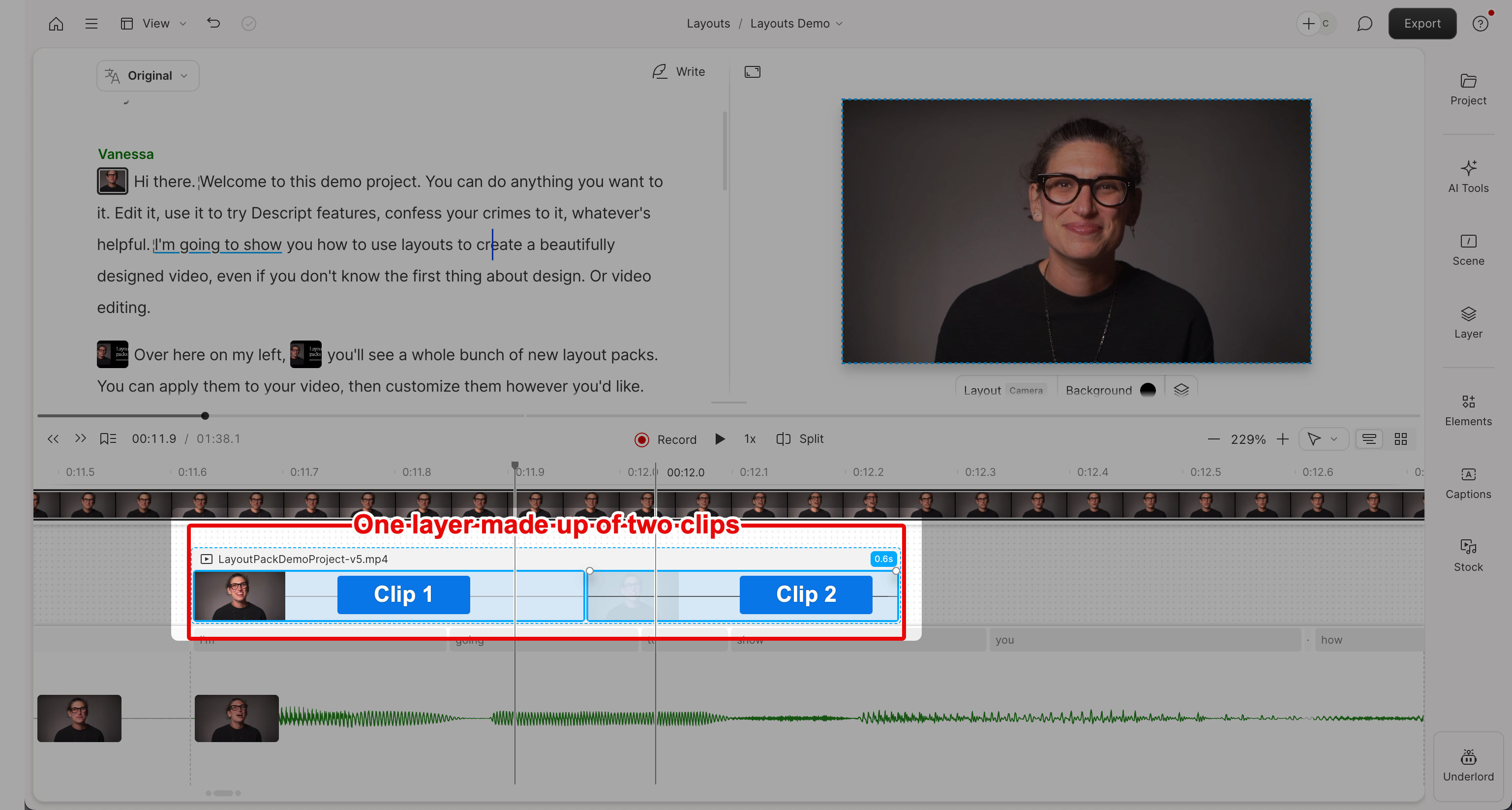 Split layer showing multiple clips on timeline