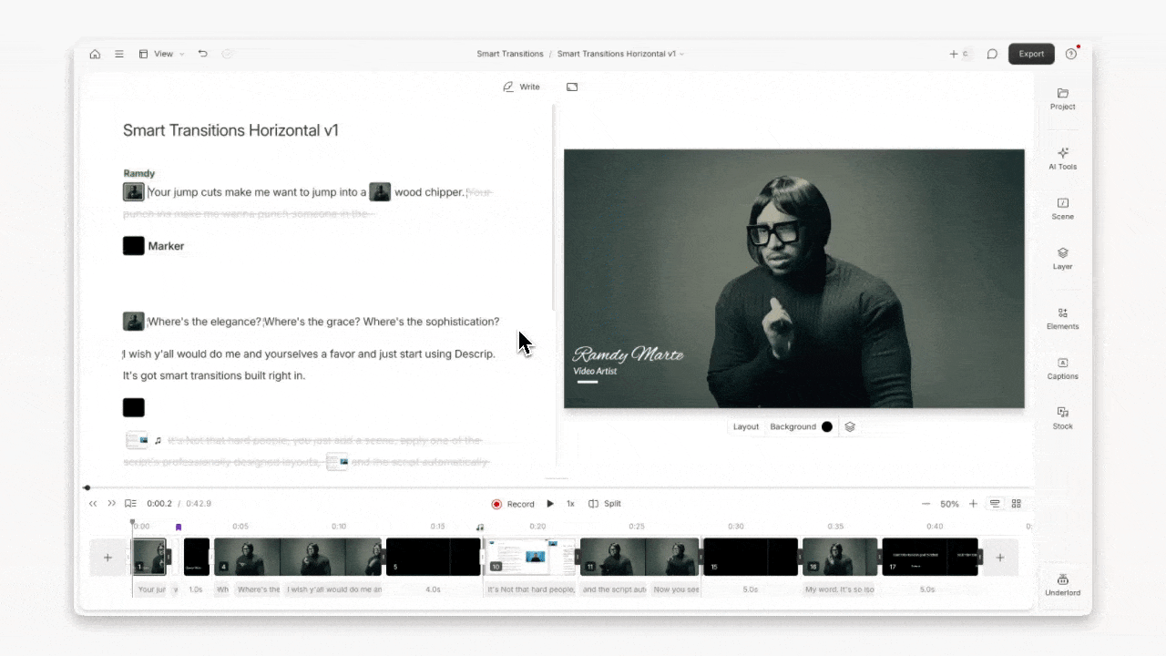 A short demo showing Edit for Clarity being applied to a Descript project. Press Esc to close.