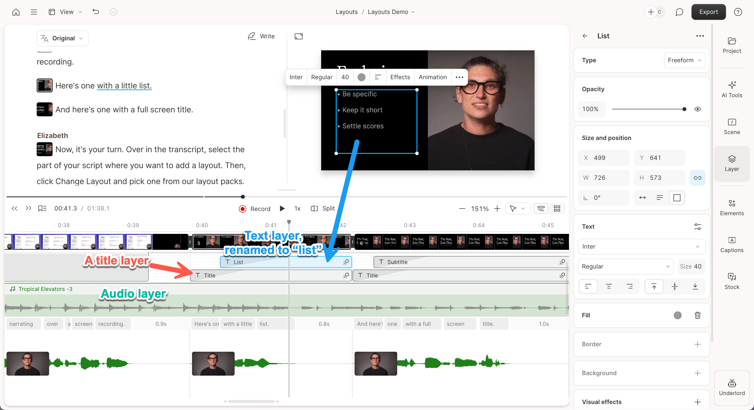 Different layers in the timeline of a Descript composition