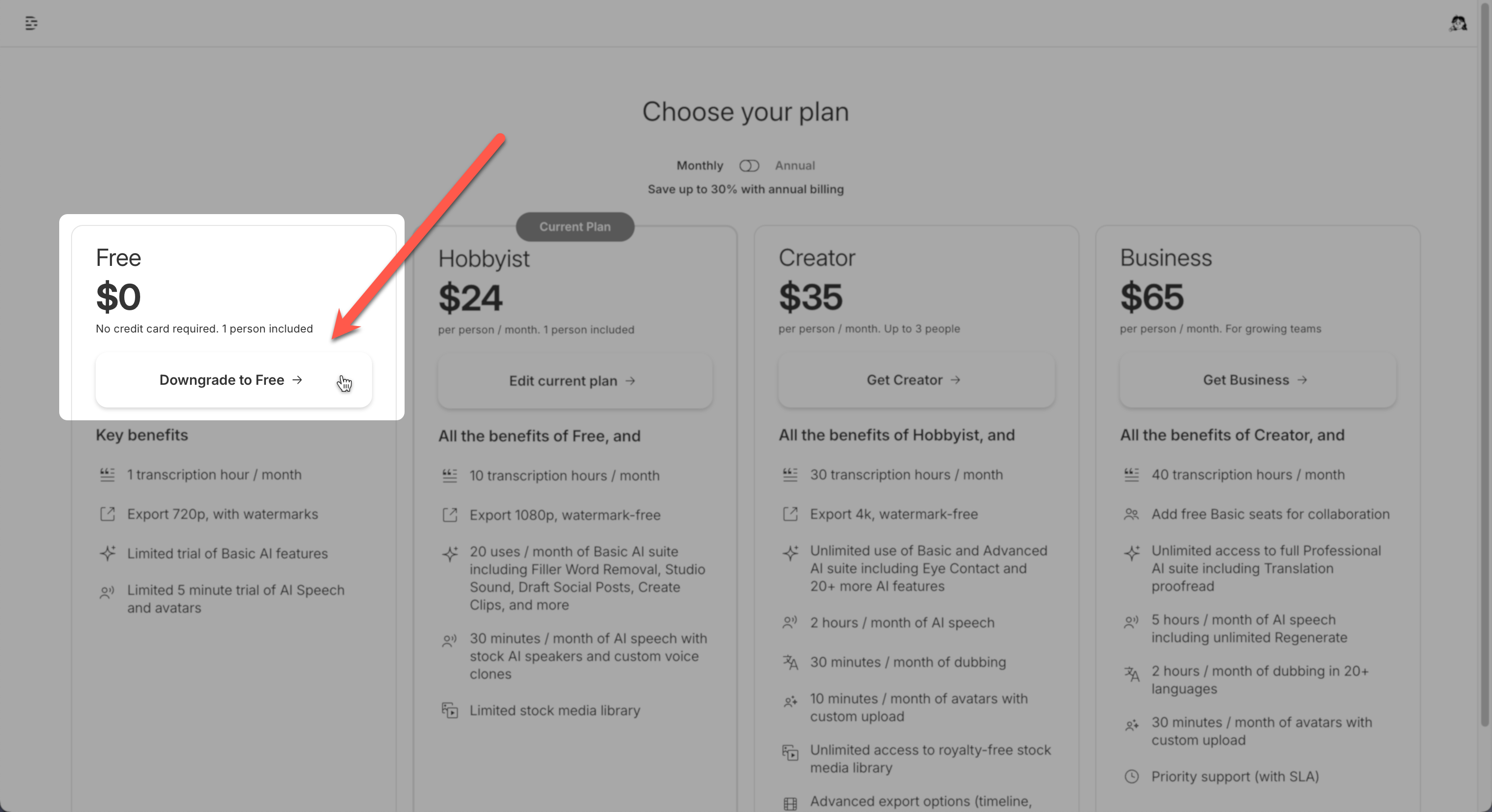 Downgrade to Free option