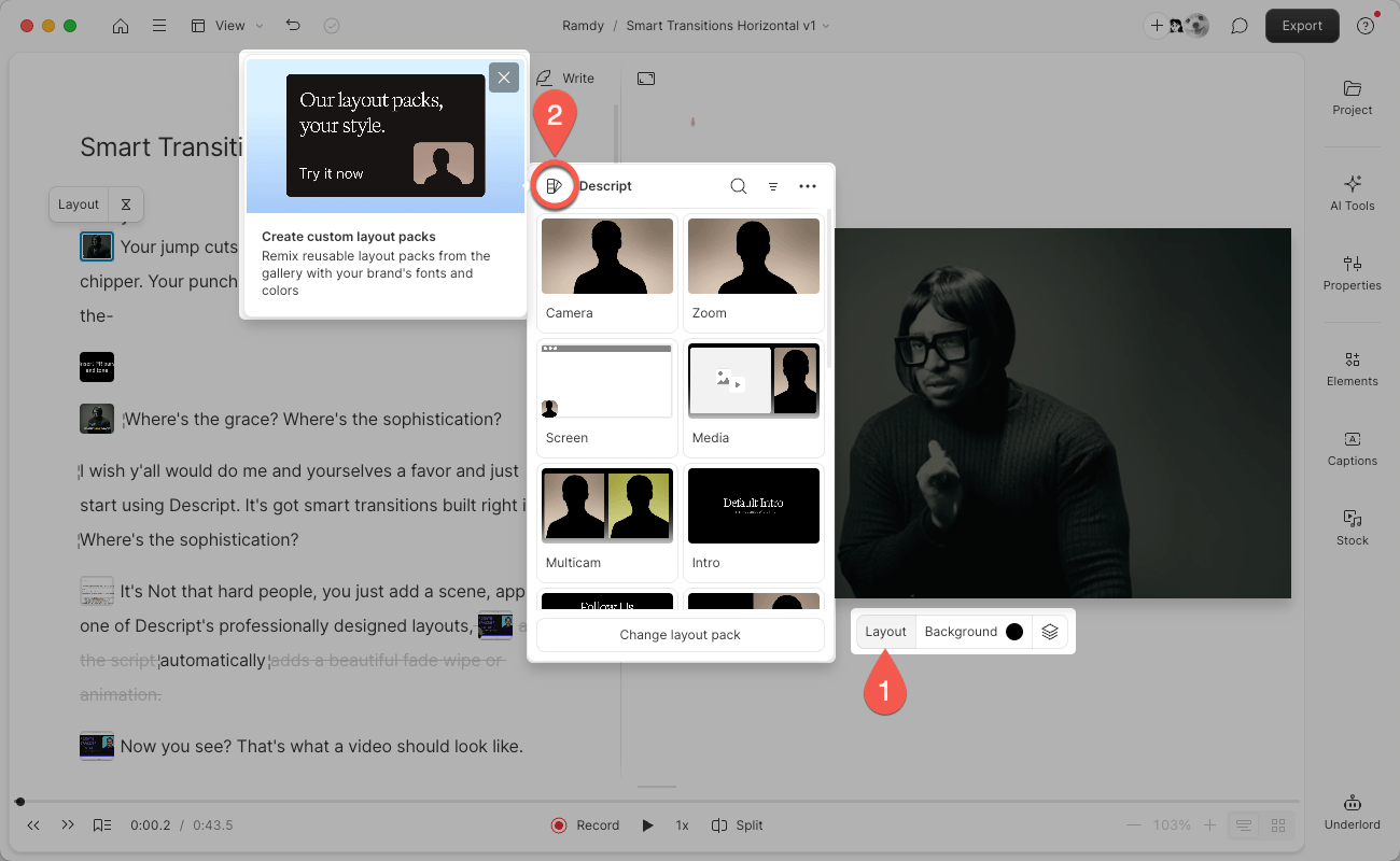 Layout picker with Remix button highlighted. Press Esc to close.