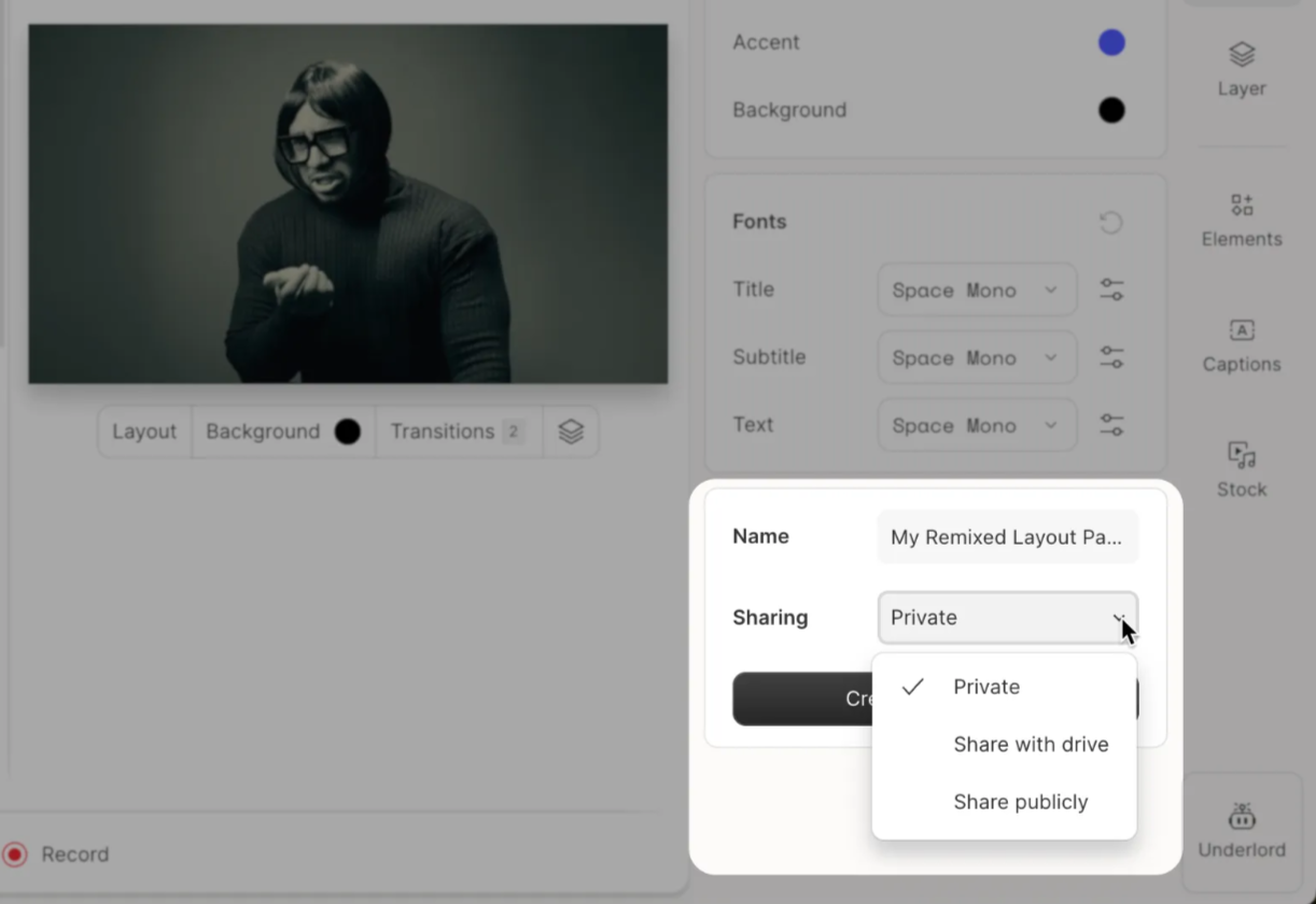 Fields to name and set sharing level of a layout pack. Press Esc to close.