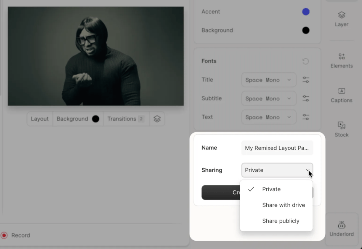 Fields to name and set sharing level of a layout pack. Press Esc to close.