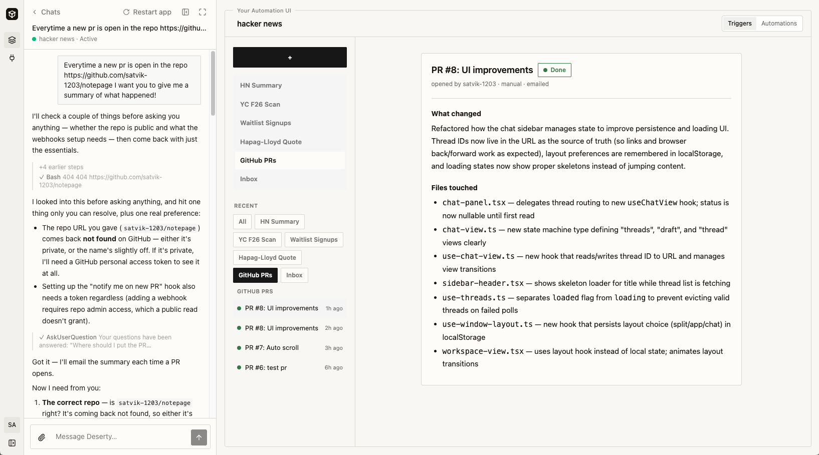 A workspace with the agent chat on the left and the automation UI on the right