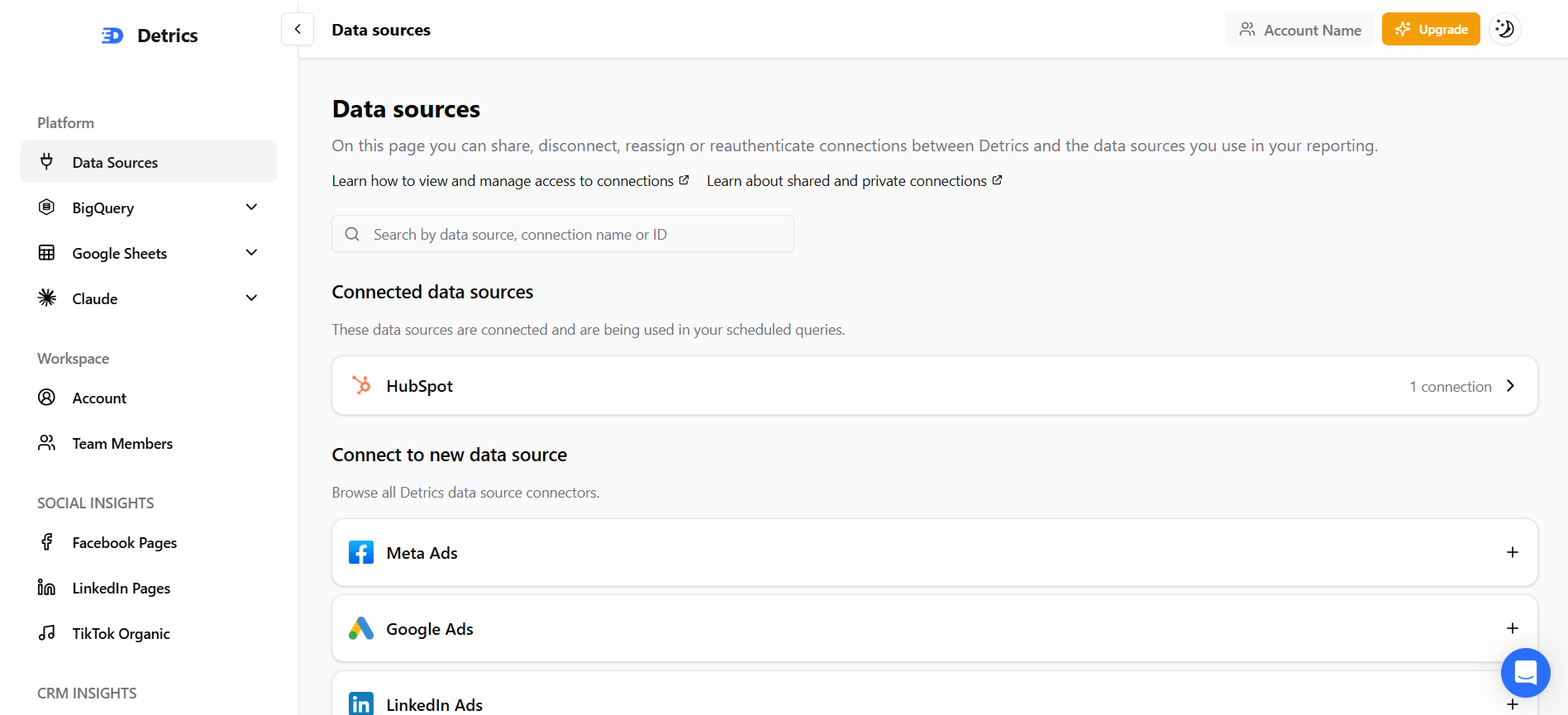 HubSpot connected on the Detrics Data Sources page