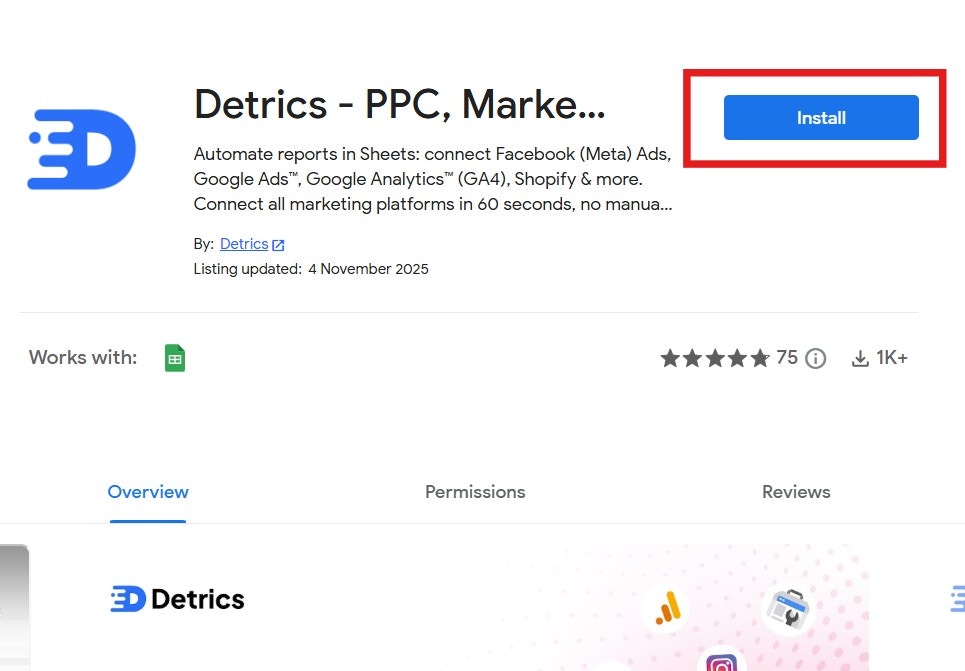 Detrics Google Workspace Marketplace page with Install button