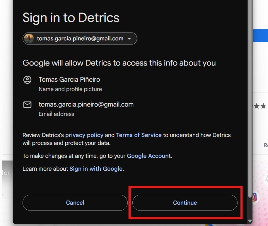 Google account permissions screen