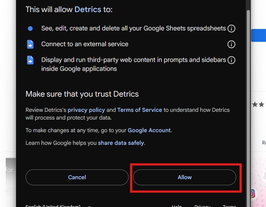 Application permissions screen