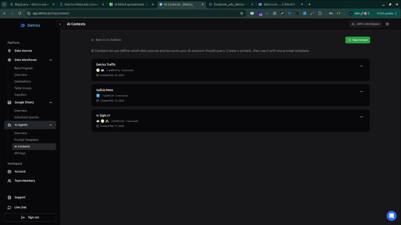 AI Contexts page showing a list of saved contexts with platform icons and account counts