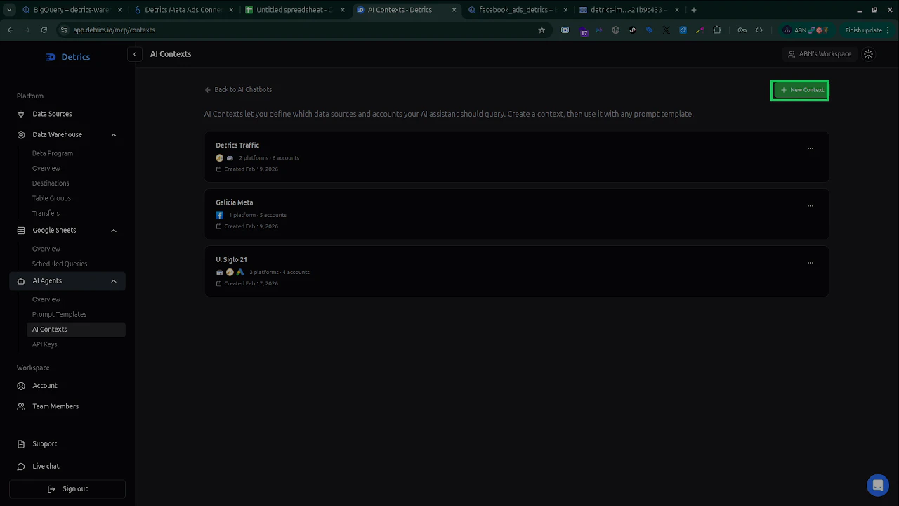 AI Contexts page with the New Context button highlighted