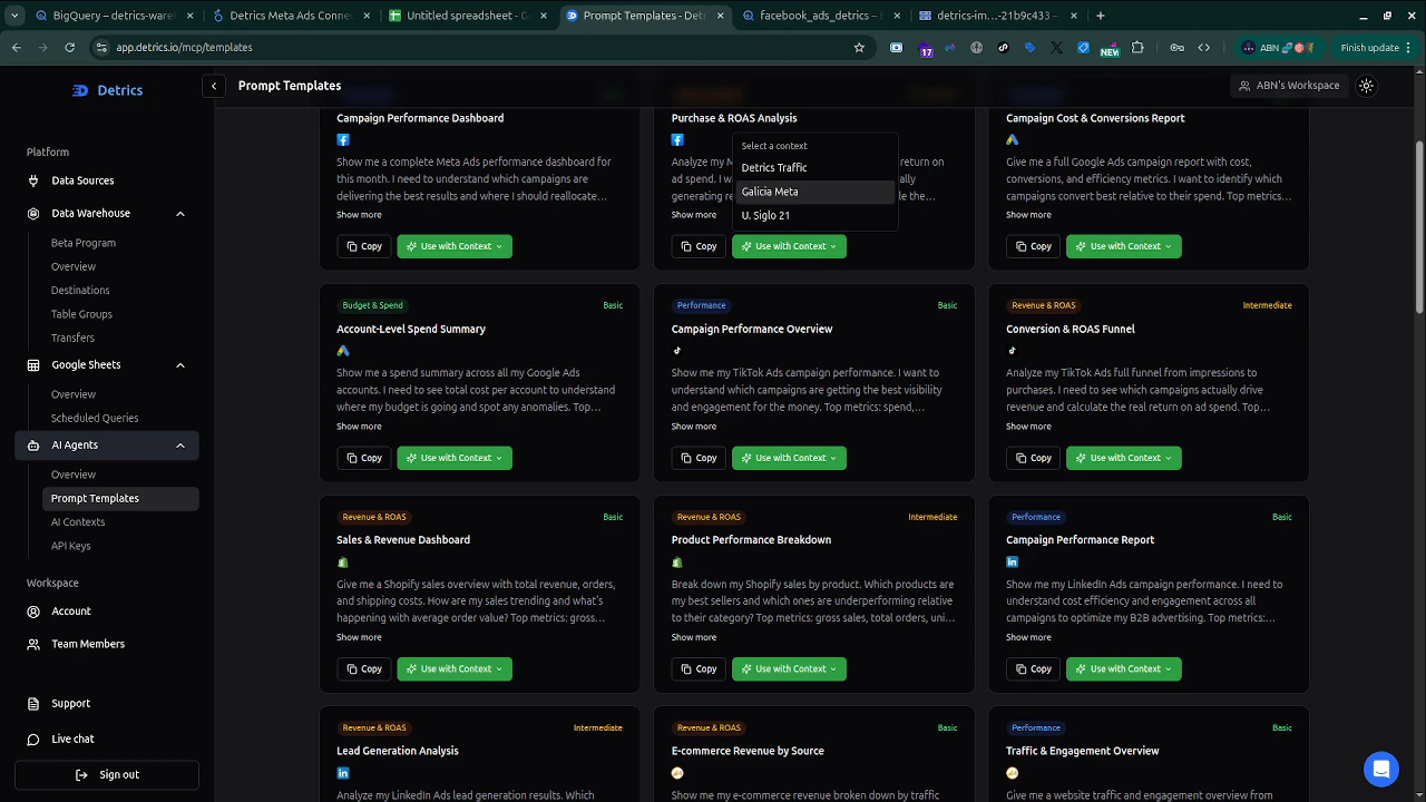 Prompt Templates page showing a grid of ready-made marketing analysis prompts with Copy and Use with Context buttons