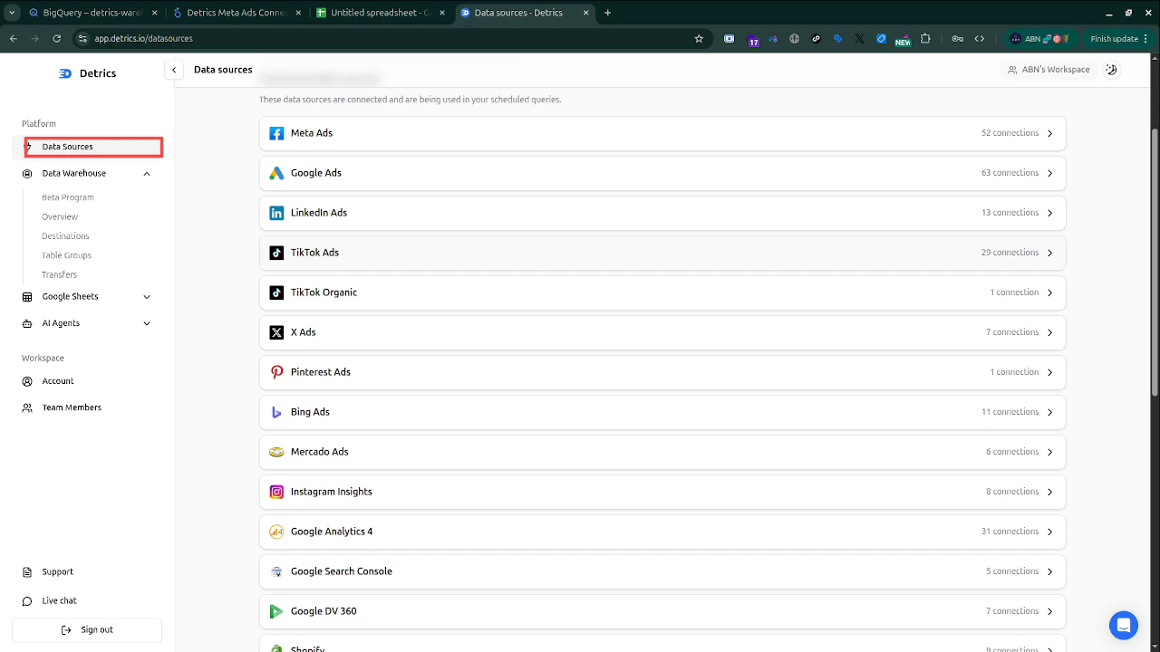 Data Sources page showing all connected platforms