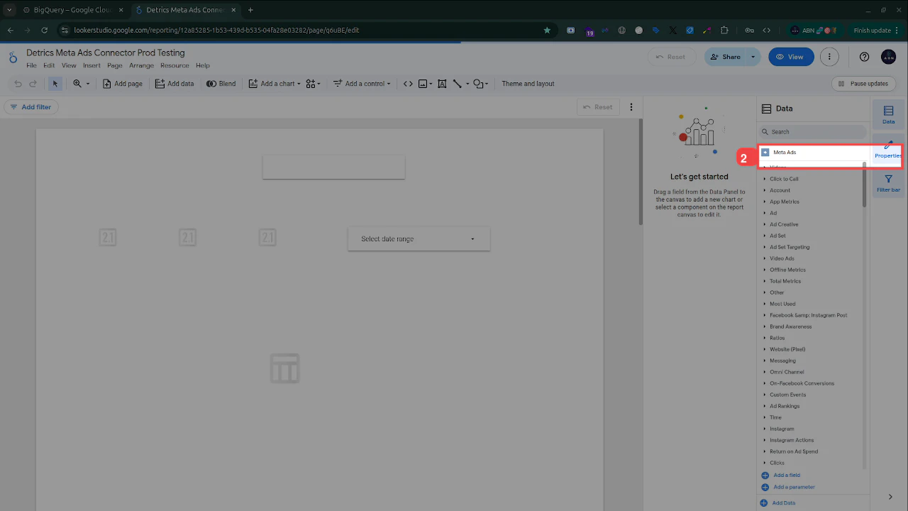 Data panel showing Meta Ads as the connected data source with field categories listed below