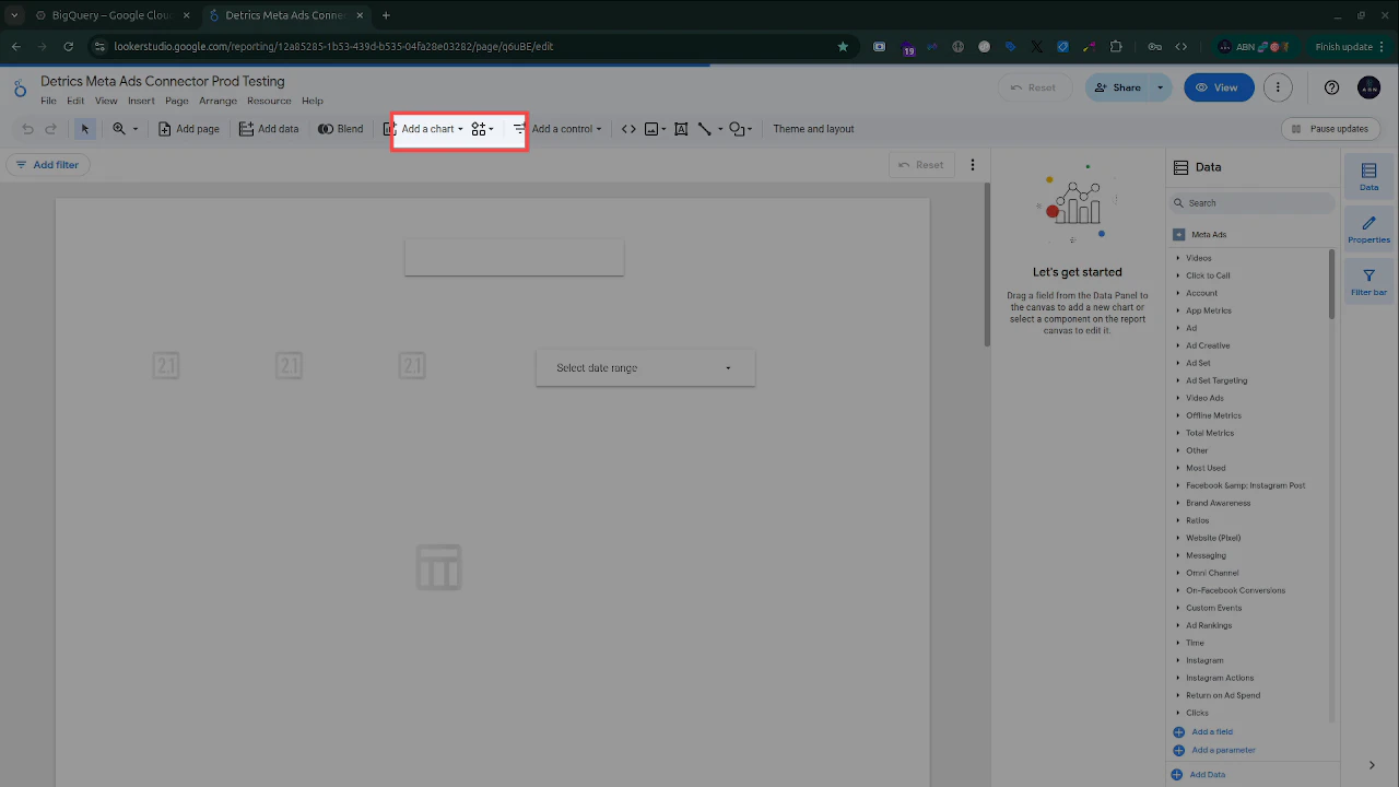 Add a chart button highlighted in the toolbar