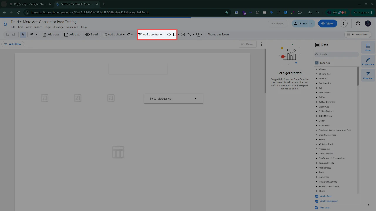 Add a control button highlighted in the Looker Studio toolbar