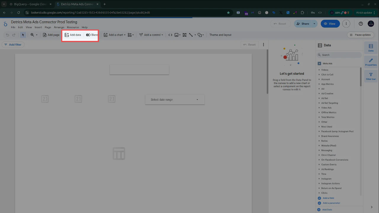 Add data button highlighted in the Looker Studio toolbar