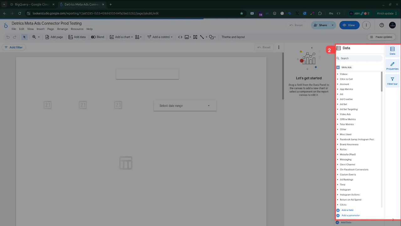Data panel showing Meta Ads field categories like Account, Ad, Ad Set, Total Metrics, and more