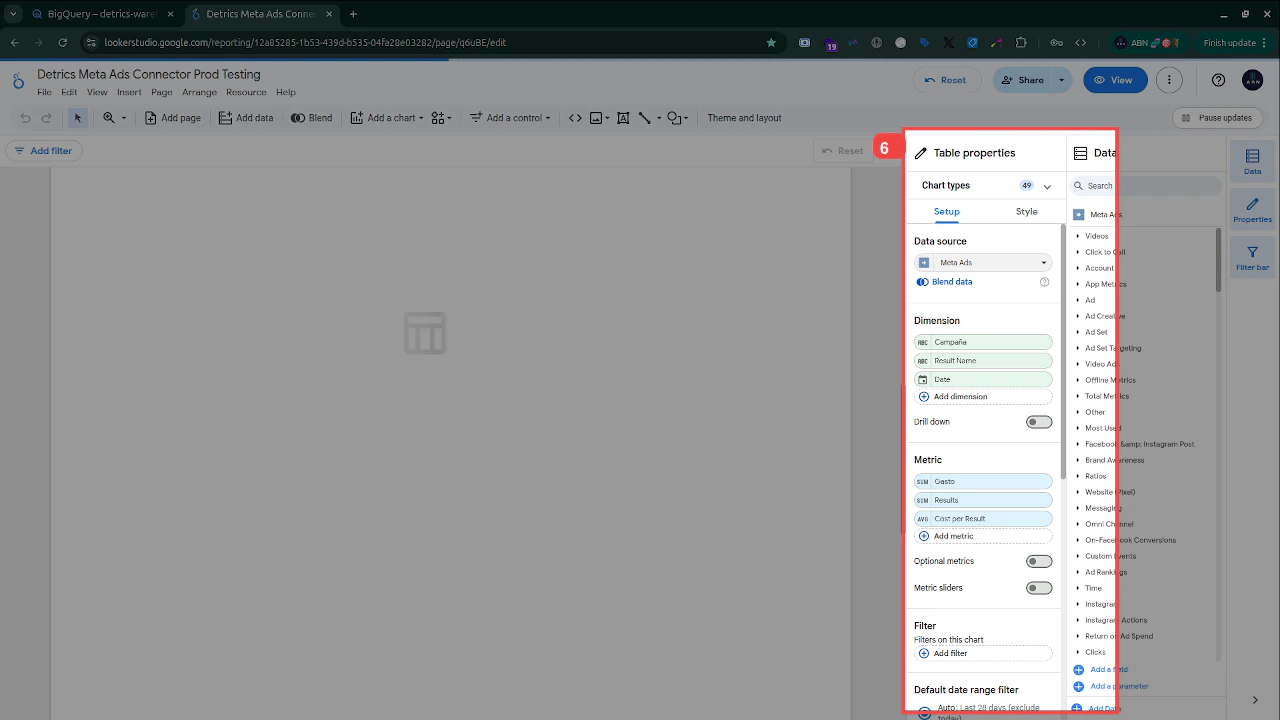 Table properties panel with dimensions, metrics, and filter configuration