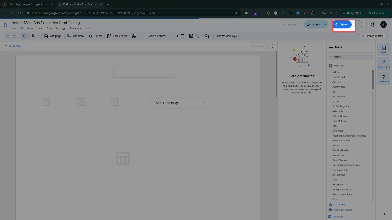 View button highlighted in the top-right corner of Looker Studio