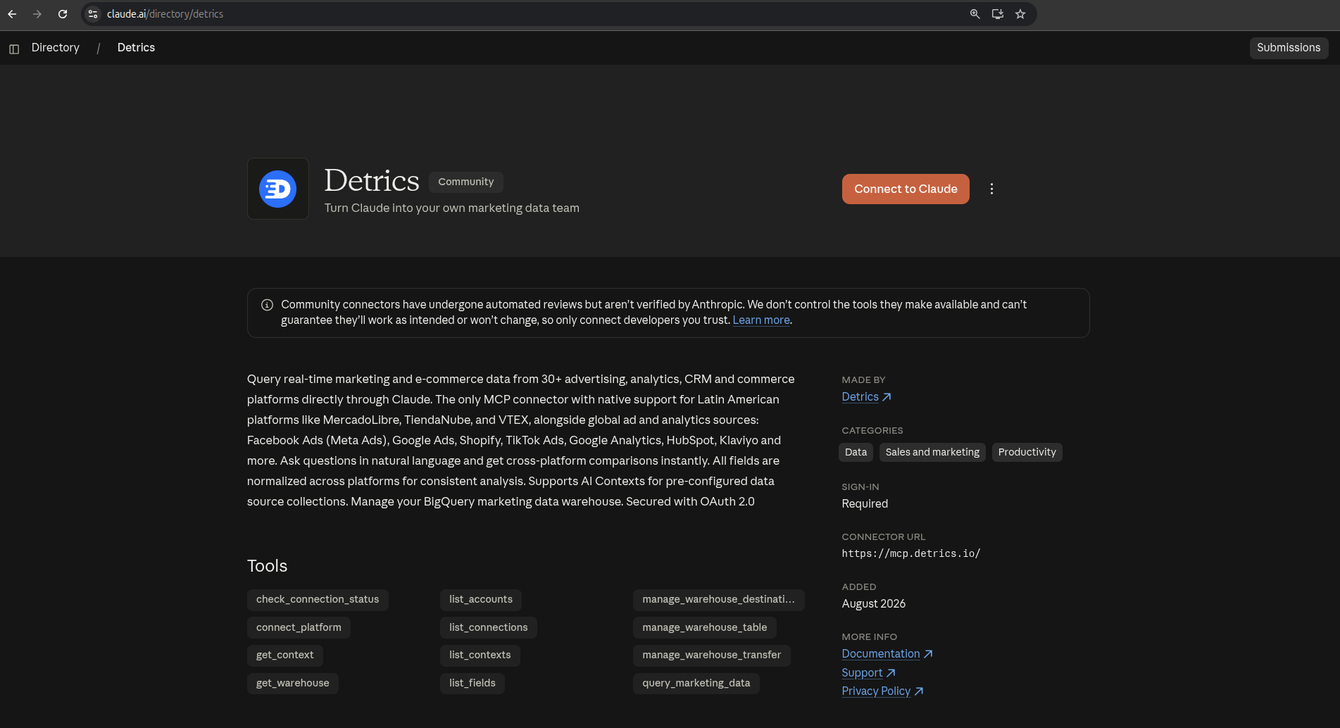 The official Detrics listing in the Claude connector directory