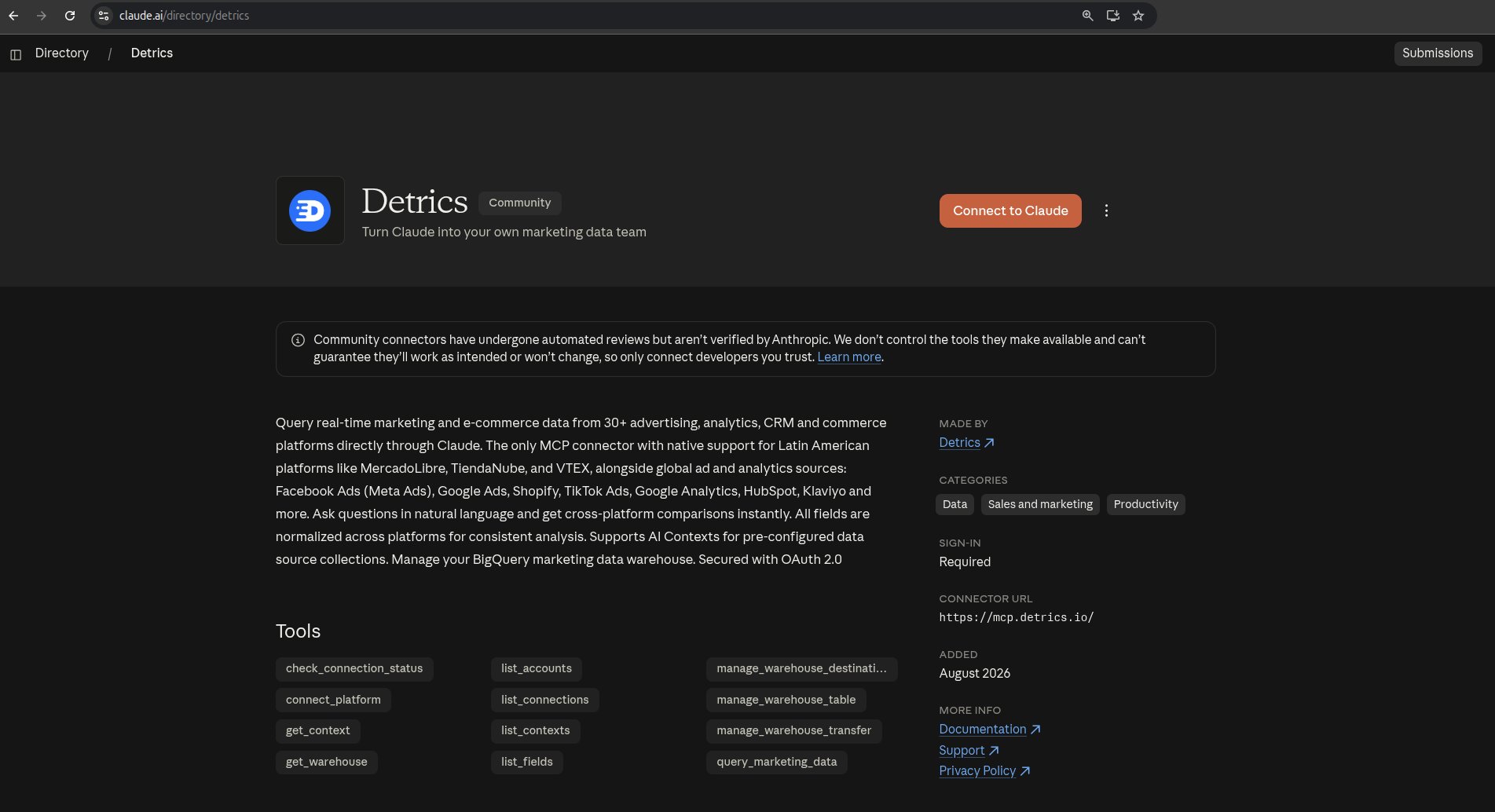 The official Detrics listing in the Claude connector directory