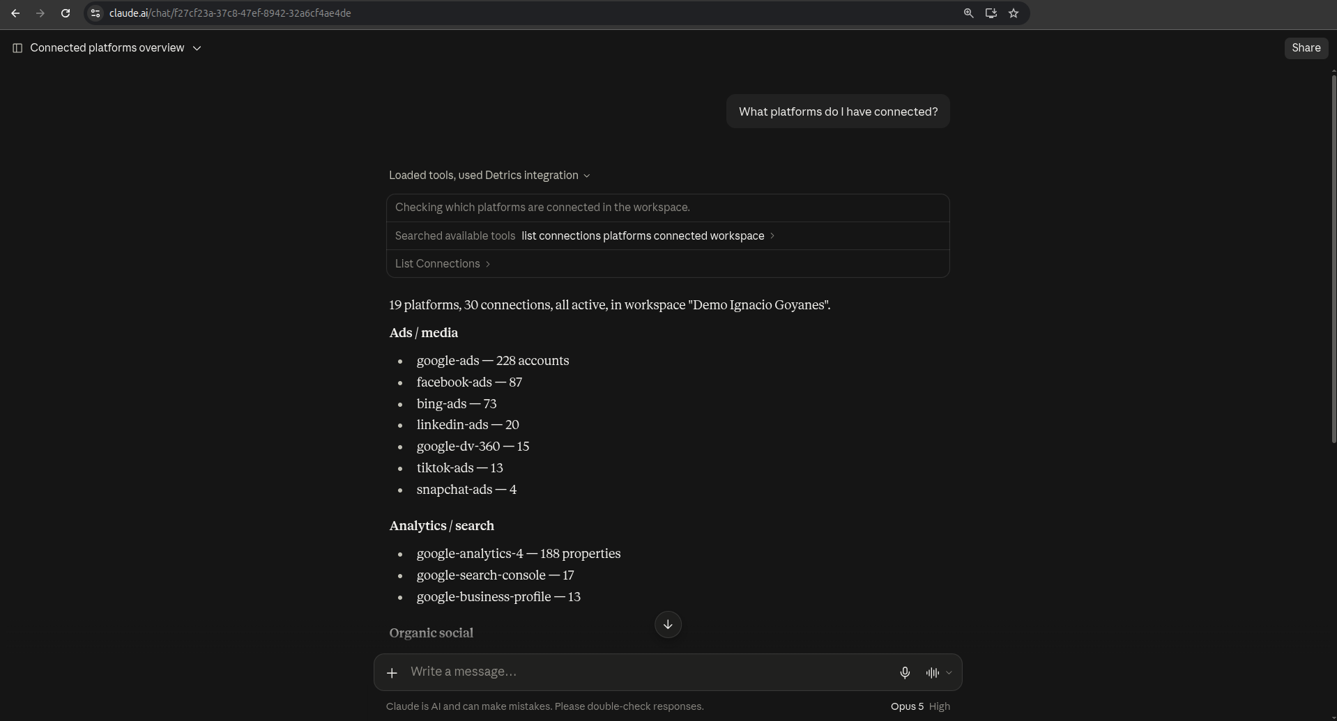 Claude answering a test prompt with the list of connected Detrics platforms