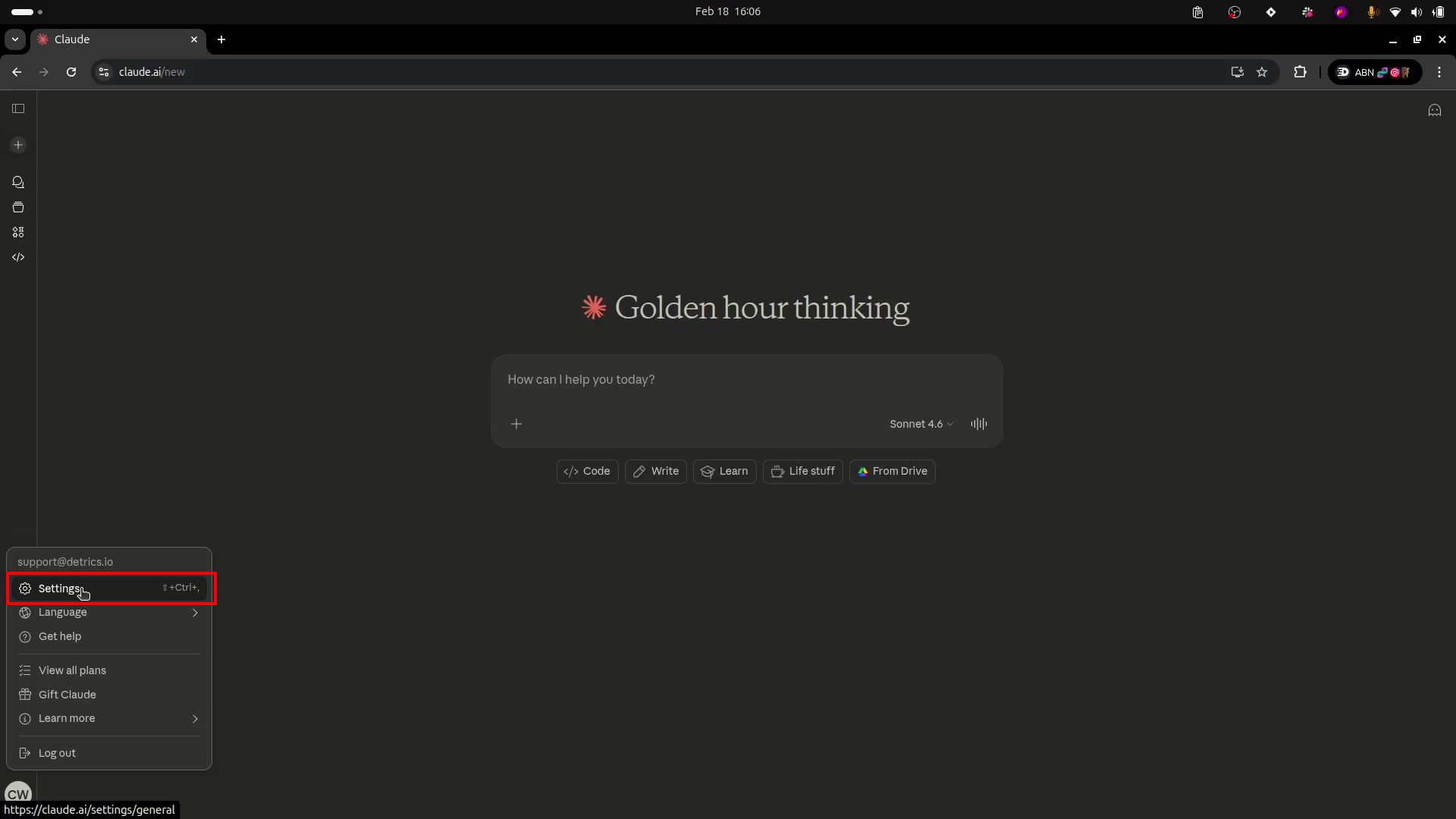 The claude.ai profile menu with the Settings option highlighted