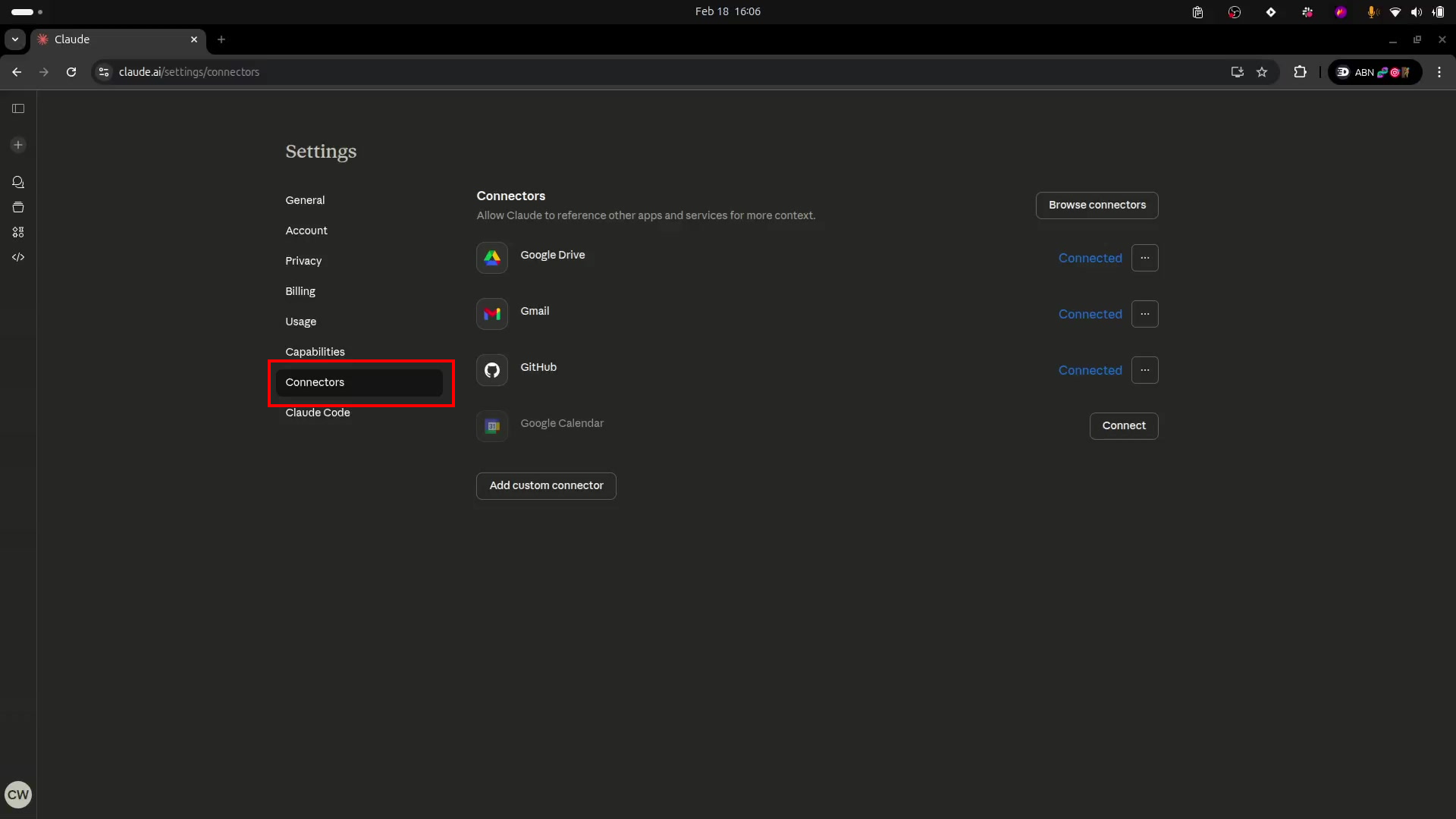 The Claude settings sidebar with the Connectors section highlighted