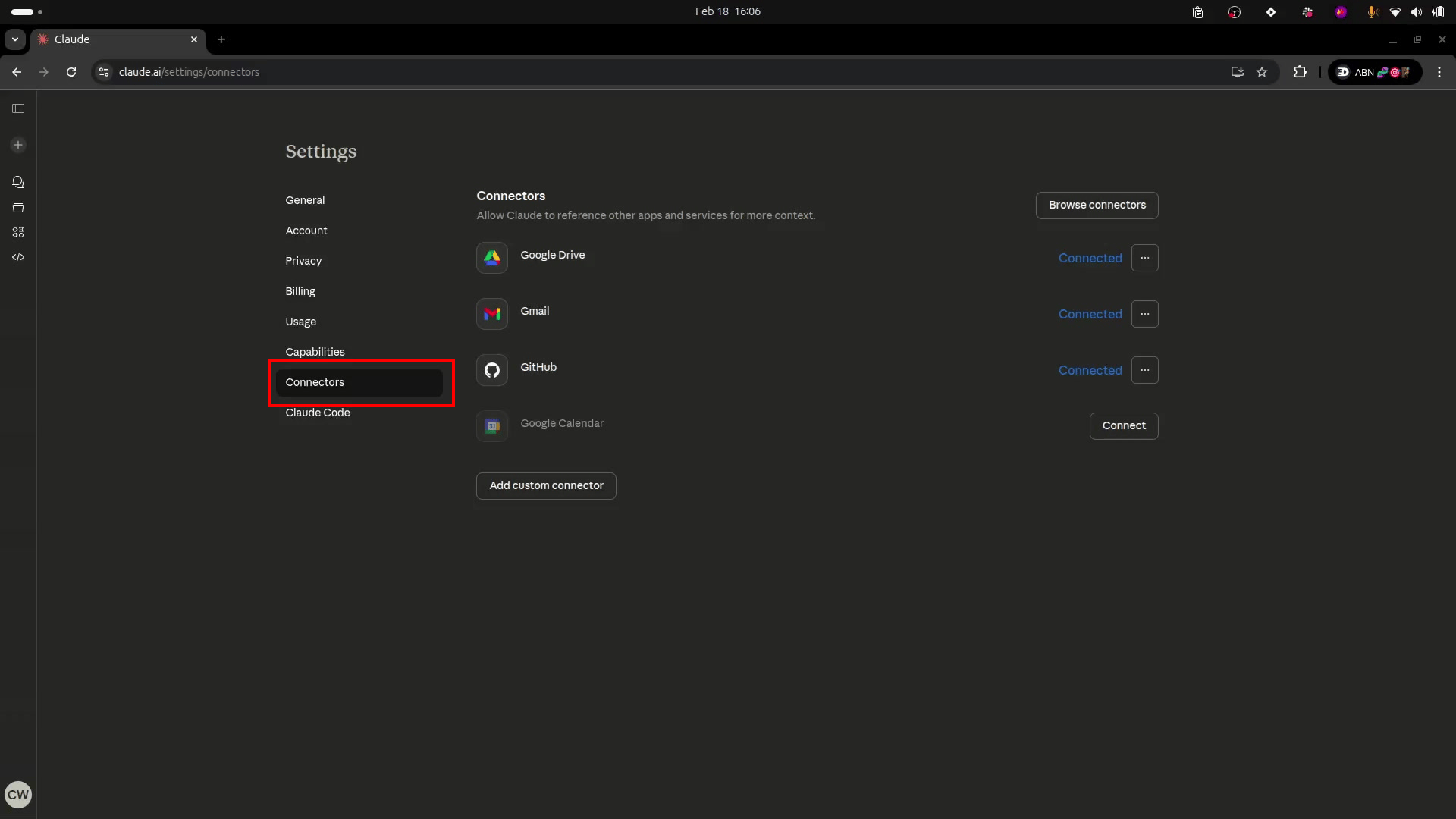 The Claude settings sidebar with the Connectors section highlighted